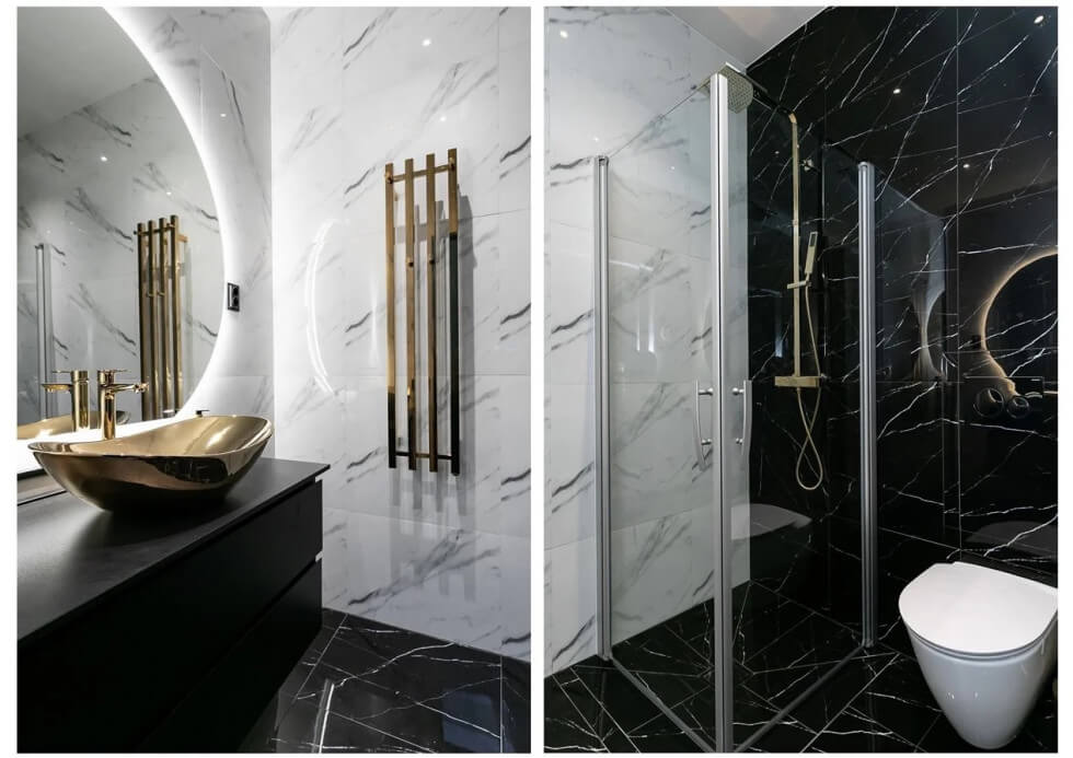 svart badrum guldigt handfat