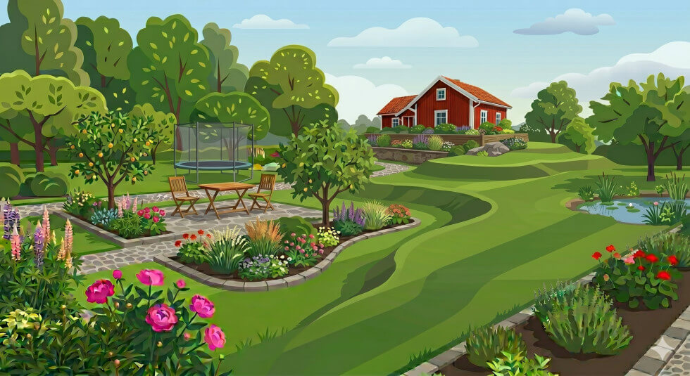 Bild på en tecknad tomt med uteplats och studsmatta i mitten och ett rött hus i bakgrunden.