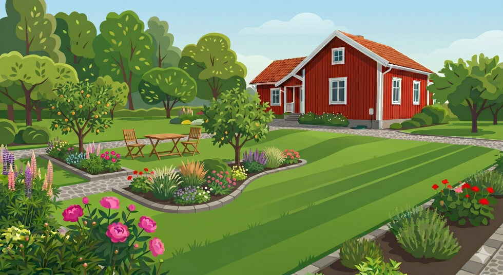 Bild på en tecknad tomt med uteplats i mitten och ett rött hus i bakgrunden.