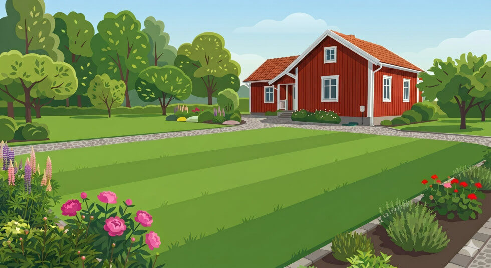 Bild på en tecknad tomt med en gräsmatta.