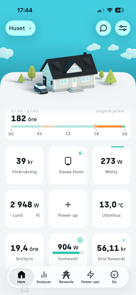  appen kan familjen välja om systemet ska prioritera egen elanvändning eller maximera intäkterna från elmarknaden.