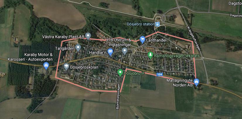 En satellitbild över Dösjebro, där det pågår långdragna bråk mellan grannar.