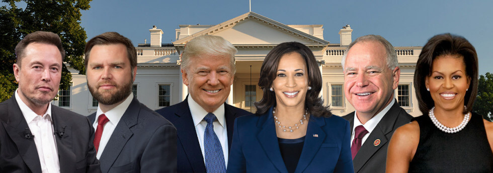Elon Musk, JD Vance, Donald Trump, Kamala Harris, Tim Waltz och Michelle Obama framför Vita huset.
