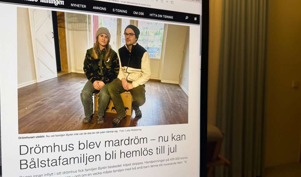 En bild av artikeln om familjen Byrén i Ena Håbo-tidningen, som var först att rapportera om deras öde.