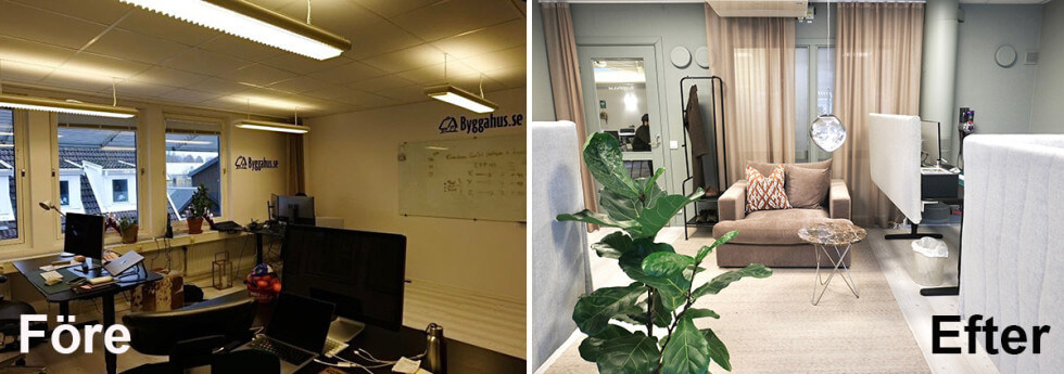 Vi har nytt kontor på Byggahus.se, ordnat av Amanda Nylander. Vi ville behålla gardinerna som var ganska nya, så hon fick utgå från dem. 