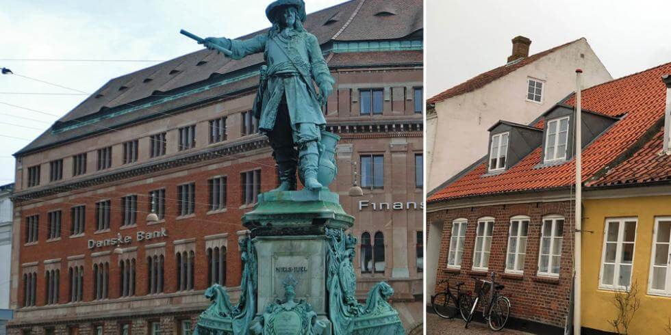 Danske Banks kontor i Köpenhamn och gatuhus i Danmarks äldsta stad Ribe.